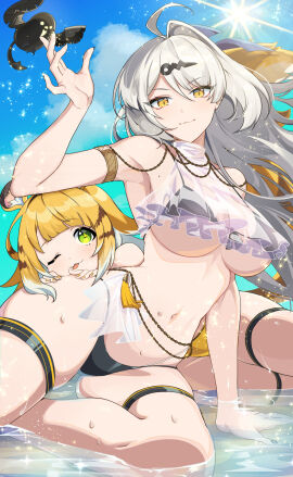 2girls :3 ;p absurdres ahoge animal_ears armpits bikini bird black_bikini blonde_hair blue_sky breasts commentary_request female green_eyes highres ju_fufu large_breasts long_hair looking_at_viewer lying multiple_females multiple_girls navel on_side one_eye_closed outdoors single_hair_intake sky stomach swimsuit tail thigh_strap tiger_ears tiger_girl tiger_stripes tiger_tail tongue tongue_out tuyumori_kaoru_(alilybell1241) underboob white_hair yellow_bikini yellow_eyes yixuan_(zenless_zone_zero) zenless_zone_zero
