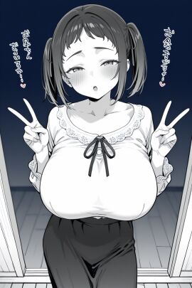 :o ai_generated bangs blouse blush clothed_female collarbone contrapposto doorway double_v facing_viewer fake_text female hair_ribbon half-closed_eyes hallway head_tilt heart huge_breasts lace_trim long_skirt looking_at_viewer monochrome narrow_hips original parted_lips perspective ribbon short_bangs short_hair smutma solo solo_female tensor_art twintails