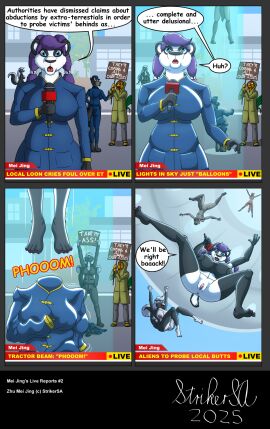 4_fingers 4_toes alien_abduction anthro anus asian_clothing ass avian bear bird black_body black_fur black_hair black_nose blue_hair bottomwear breasts canid canine chicken chinese_clothing clothed clothed_anthro clothed_female clothed_male clothing coat comic dialogue east_asian_clothing electronics english_text exhibitionism feet female fingers floating flying_saucer footwear forced_exposure forced_undressing fox fur galliform gallus_(genus) genitals giant_panda grey_body grey_fur group hair hi_res hindpaw humanoid_hands hyena male mammal markings mei_jing mephitid microphone multicolored_body multicolored_fur news news_report nude nude_anthro nude_female outdoor_nudity pants paws phasianid police police_officer police_uniform public public_nudity pussy sandals shoes sign skunk spacecraft speech_bubble spots spotted_body spotted_fur spotted_hyena standing strikersa tail text toes topwear tractor_beam two-tone_body two-tone_fur ufo undressing uniform vehicle vulva white_body white_fur white_hair