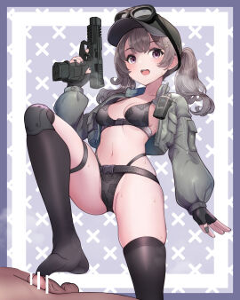 1boy absurdres balls bar_censor belt belt_buckle black_bra black_panties bra buckle casual censored cropped_jacket extended_magazine female foot_fetish footjob footjob_with_legwear goggles goggles_on_headwear green_hat grey_hair gun handgun hat highleg highleg_panties highres holding holding_gun holding_weapon jacket knee_brace lumina414 male military_jacket navel open_clothes open_jacket open_mouth original panties penis purple_eyes revealing_clothes single_thighhigh stepped_on teeth testicles thigh_strap thighhighs thighs twintails underwear upper_teeth_only weapon