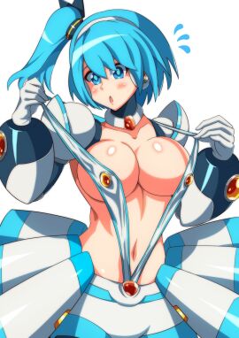 1girls :o big_breasts blue_eyes blue_hair blush breasts female hands_up kotatuman_dash mega_man mega_man_x mega_man_x_dive rico_(mega_man) robot_girl skirt white_background white_gloves
