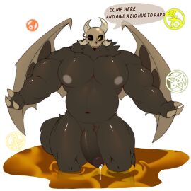 1boy absurd_res anthro belly black_body black_fur black_penis black_skin black_text clawed_fingers claws disney dvzk flaccid flaccid_penis genital_fluids genitals glistening glistening_body glyphs grey_nipples highres horns hug_invitation humanoid_genitalia humanoid_penis leaking leaking_cum leaking_precum male male_only musclegut muscles muscular muscular_anthro muscular_male neck_tuft nipples nude nude_male offering_hug open_arms papa_titan_(the_owl_house) pecs penis plain_background precum sillydemon_0 simple_background skull skull_head solo solo_anthro solo_focus solo_male speech_bubble tagme tail text the_owl_house thighs white_background wings