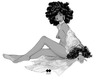 1girls 2d 2d_(artwork) african_female afro artist_logo artist_name barefoot breasts dark-skinned_female dark_skin drawn earrings fancy feet female female_only godiva_ghoul hair_over_one_eye kinky_hair medium_breasts monochrome naked naked_female necklace nipples original pearl_necklace pearls pose posing reclining_pose solo