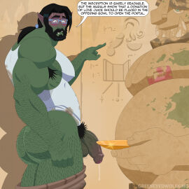 1boy archeologist armpit_hair artist_name ass balls bara beard biceps big_ass big_penis black_hair blush chest_hair cum dark_hair facial_hair fangs foreskin glasses green_body green_skin greeneyedwolfking hairy_arms hairy_ass hairy_legs half-dressed half-erect half_naked karr_guldar long_hair male male_only male_pubic_hair muscles muscular muscular_male nipples oc orc original_character pants pants_down partially_retracted_foreskin pecs penis pointy_ears ponytail precum pubic_hair retracted_foreskin ruins shirt solo solo_male speech speech_bubble standing standing_position statue teeth teeth_visible temple text uncircumcised veiny_penis yaoi