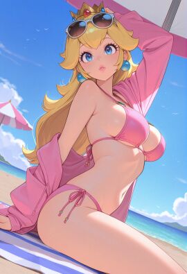1girl 1girls ai_generated armpits bangs beach beach_towel beach_umbrella bikini blonde_hair blue_eyes blue_sky breasts crown day earrings eyewear_on_head jacket jewelry lips long_hair looking_at_viewer mario_(series) navel nintendo ocean open_clothes outdoors owari_wan parasol parted_lips pink_bikini pink_jacket princess_peach sand side-tie_bikini sitting sky solo stomach sunglasses swimsuit umbrella water