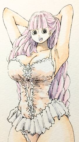 armpits arms_up bare_legs bare_shoulders black_eyes black_hair braid breasts female female_only highres large_breasts long_hair looking_at_viewer one_piece perona pink-haired_female pink_hair puipui shiny_skin short_hair simple_background underwear underwear_only very_long_hair wide_hips