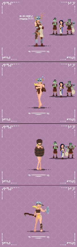 2d 4girls barrel breasts dialogue dovahkiin embarrassed embarrassed_nude_female enf english_text female female_focus female_only human human_female kh-sprite light-skinned_female light_skin male multiple_females multiple_girls orc orc_male pixel_art skyrim text the_elder_scrolls undressing