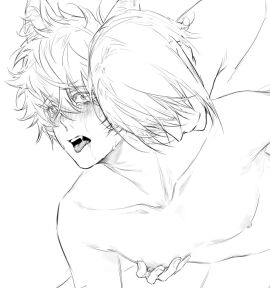 2boys blush drooling fox_boy fox_ears from_behind gay gintama gintoki_sakata implied_anal implied_sex kemonomimi kitsune male male_only monochrome nipple_pinch nipple_tweak no_visible_genitalia smile sweat takasugi_shinsuke tears tongue tongue_out wide_eyed wy3163561826160 yaoi