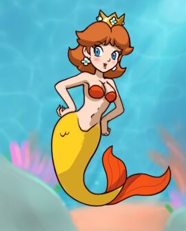 1girls blue_eyes blush breasts brown_hair cleavage clothed clothing crown ear_piercing eyebrows eyelashes female female_only fish_tail full-length_portrait full_body hair hands_on_hips headgear lips lipstick marine mario_(series) merfolk mythology nintendo piercing portrait princess_daisy royalty solo split_form underwater unknown_artist water