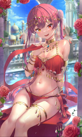 arabian_architecture arabian_clothes belly_dancer belly_dancer_outfit breasts cleavage collar dancer dancer_outfit earrings embarrassed female femsub harem_girl harem_outfit heart_symbol hololive hololive_fantasy hololive_japan houshou_marine jewelry large_breasts loincloth looking_at_viewer pelvic_curtain revealing_clothes sitting slave slave_girl smile smug submissive_female thighlet twintails veil virtual_youtuber