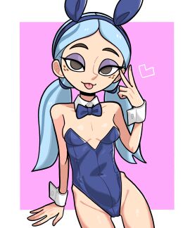 1girls andrea_davenport bare_shoulders blue_hair brown_eyes bunny_ears bunnysuit disney disney_channel eyeshadow female freckles heart long_hair n_k_m peace_sign solo solo_female the_ghost_and_molly_mcgee tongue tongue_out twintails white_background