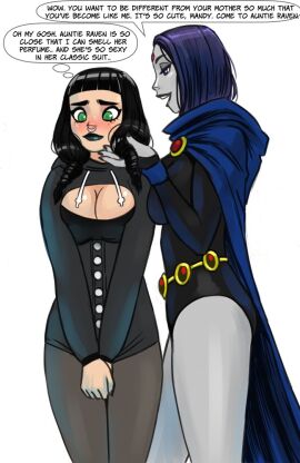 2girls big_breasts black_hair black_lipstick blush breasts cape cartoon_network cleavage dc dc_comics dialogue english_dialogue english_text female female/female female_only female_with_female flick goth goth_girl green_eyes i_am_not_starfire mandy_anders nose_piercing raven_(dc) talking_to_another teen_titans text toonami white_background yuri