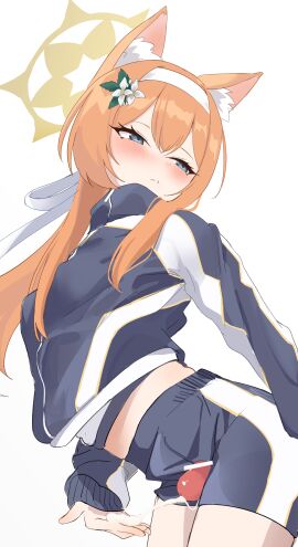 1boy absurdres animal_ear_fluff animal_ears bar_censor blue_archive blue_eyes blue_jacket blue_shorts blush brown_halo censored commentary_request cum cum_on_body cum_on_hands female flower hair_flower hair_ornament halo highres jacket long_hair long_sleeves looking_to_the_side male mari_(blue_archive) mari_(track)_(blue_archive) official_alternate_costume orange_hair penis shorts simple_background solo_focus straight thigh_sex thighs white_background white_flower ykt_scl