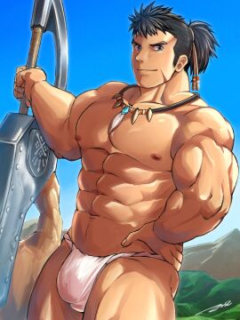 1boy abs bara beefy big_breasts black_hair blue_eyes breasts bulge bulge_through_clothing capcom eight_pack field_team_leader fundoshi fundoshi_only great_sword hands_on_hips hi_res holding_object long_hair looking_at_viewer male male_only mature_male monster_hunter monster_hunter_world muscles muscular muscular_arms muscular_legs muscular_male muscular_thighs necklace outdoors pecs ponytail rokushaku_fundoshi scar scar_on_face six_pack smile solo tepen_(tptptpn) thick thick_arms thick_thighs topless tough_guy underwear_only white_fundoshi yaoi