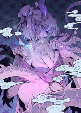 1girls ass ass_crack bare_shoulders blue_eyes blush butt_crack claws dragon dragon_girl dragon_horns female horns japanese_clothes karasu_raven looking_at_viewer looking_back monster monster_girl original single_hair_bun smile smoking_pipe solo standing sweat tail wings