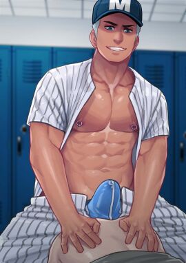 1boy abs ambiguous_gender baseball baseball_cap baseball_uniform bulge cocky erection erection_under_clothes grey_hair hands_on_ass locker locker_room looking_down male maorenc muscular naughty_face nipple_piercing nipples open_clothes open_pants open_shirt original_character pecs penis piercing precum precum_through_clothing precum_through_underwear smile solo_focus underwear