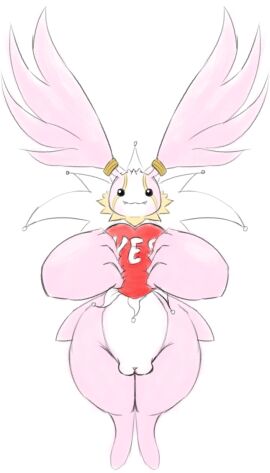 :3 bandai_namco beady_eyes belly cherubimon cherubimon_(good) digimon digimon_(species) digiphilia ear_piercing ear_ring fangs female fur genitals head_wings hi_res horn humanoid interspecies jewelry lying meme piercing pillow pink_body pink_fur plump_labia ring_piercing smile solo teeth thick_thighs unknown_artist unusual_wing_placement vulva white_belly wide_hips wings yes-no_pillow yes_pillow