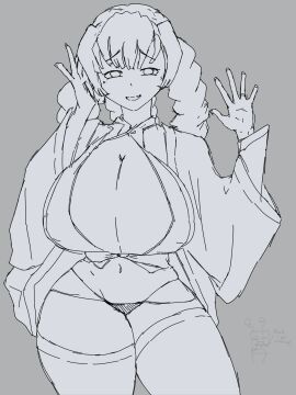 big_breasts bikini_bottom bimbo breasts cleavage demon_slayer female gyaru kanroji_mitsuri kimetsu_no_yaiba looking_at_viewer monochrome nails nimtimbot ring smile voluptuous waving