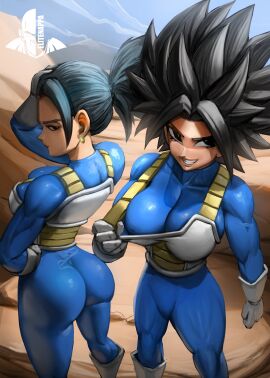2girls armor ass big_ass big_breasts black_hair bodysuit breasts bubble_ass bubble_butt busty caulifla cleavage dragon_ball dragon_ball_super ear_piercing earrings elitenappa fat_ass female female_only female_saiyan gloves huge_ass kale large_ass large_breasts looking_at_viewer looking_back piercing saiyan_armor skin_tight smile thick_ass
