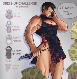 1boy artist_name dialogue dilf dollar_bills english_text femboy femboy_dilf holding_weapon jujutsu_kaisen male male_focus male_only money muscular muscular_male nipple_bulge pectoral_cleavage scar scar_on_face simple_background solo_focus toji_fushiguro vimesy