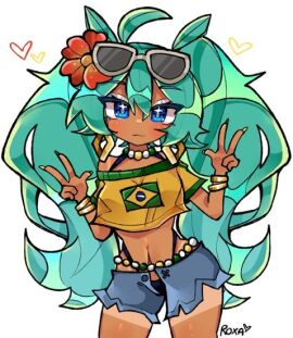 blue_eyes blue_hair bracelets brazilian brazilian_flag brazilian_miku double_peace_sign female flower flower_in_hair hatsune_miku heart necklace roxapox sparkly_eyes sunglasses sunglasses_on_head tagme tanline tanned
