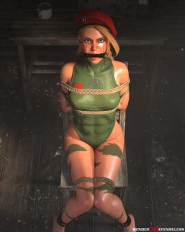 1girls 3d bondage bound bound_arms bound_legs cammy_white chair clothed_bondage female gag gagged green_leotard leotard rendereddefenseless solo street_fighter tied_to_chair