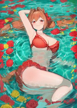 1girls absurd_res absurdres amepa_(ame_pinecandy) animal_ears arm_above_head arm_up armpits ass bare_arms bare_chest bare_legs bare_midriff bare_shoulders bare_skin bare_thighs belly belly_button bikini bikini_bottom bikini_top blush blush_lines breasts brown-haired_female brown_hair caustics cleavage collarbone daiwa_scarlet_(umamusume) dot_nose elbows eyebrows_visible_through_hair female female_focus female_only flower flower_on_liquid frilled_bikini frilled_bikini_bottom frilled_bikini_top frilled_swimsuit full_body grin hair_between_eyes hair_ornament hair_ribbon hand_above_head hand_up high_resolution highres hourglass_figure knees legs legs_together light-skinned_female light_skin long_hair looking_at_viewer medium_breasts naked naked_female navel nude nude_female partially_submerged partially_submerged_legs partially_submerged_tail petals petals_on_liquid red-eyed_female red_bikini red_bikini_bottom red_bikini_top red_eyes red_hair_ribbon red_ribbon red_rose red_swimsuit red_swimwear roses shoulders sideboob slender_body slender_waist slim_female slim_waist smile smiling smiling_at_viewer solo swimsuit swimwear tail thick_ass thick_thighs thighs thin_waist twintails umamusume underboob very_long_hair water waves wet wet_body wet_clothes wet_hair wet_skin wide_hips yellow_rose