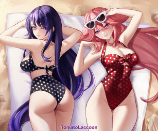 2024 2d 2d_(artwork) 2girls alternate_costume ass back back_view big_breasts breasts cleavage day female female_only front_view genshin_impact high_resolution highres hourglass_figure hoyoverse light-skinned_female light_skin long_hair looking_at_viewer looking_back looking_back_at_viewer lying mature mature_female mihoyo one_piece_swimsuit outdoors pink_hair purple_eyes purple_hair raiden_shogun red_swimsuit sand slim_female smiling smiling_at_viewer suggestive suggestive_look summer sunglasses sunglasses_on_head swimsuit tomatolaccoon two_piece_swimsuit very_long_hair yae_miko