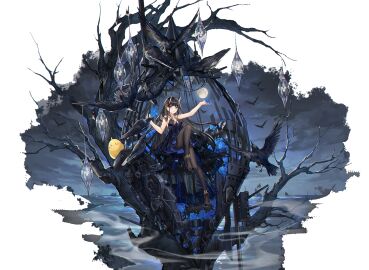 arm_up armpits azur_lane bare_shoulders bare_tree bird black_dress black_footwear black_hair black_pantyhose blue_dress blue_eyes blue_flower blue_rose breasts bug butterfly cg crow dress female flower full_body full_moon gears hair_flower hair_ornament high_heels instrument jewelry lantern long_hair looking_at_viewer moon night noshiro_(azur_lane) noshiro_(xanadu's_eventide)_(azur_lane) official_alternate_costume official_art pantyhose red_eyes rose scenery sitting sleeveless sleeveless_dress smile solo tree very_long_hair yellow_eyes