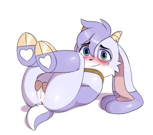 1girls ambiguous_gender anthro anthro_only ass background billie_(billie_bust_up) billie_bust_up blue_eyes blush bovid bovine collar cub digital_drawing_(artwork) digital_media_(artwork) dojyaaan_(artist) female female_only floppy_ears furry furry_female furry_only goat goat_ears goat_horns goat_tail hand_covering_pussy hi_res hooves lifting_legs looking_at_viewer multicolored_fur on_back purple_fur purple_hair pussy simple_background smiling solo solo_female vagina white_background white_muzzle