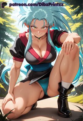 1girls ai ai_assisted ai_generated anime artist_name black_choker black_footwear blue_hair blue_panties blush boots breasts choker cleavage collarbone day dibzprintz earrings female grin hi_res high_quality high_resolution highres japanese_clothes jewelry large_breasts long_hair looking_at_viewer outdoors panties pointy_ears ponytail ryoko_hakubi sash short_sleeves sidelocks sky smile socks solo spiked_hair squatting sweat tenchi_muyo! thighs underwear very_long_hair watermark yellow_eyes