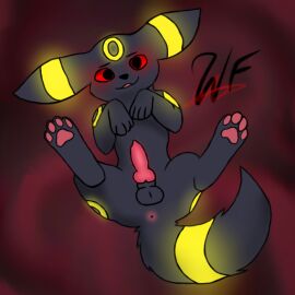 anus balls canid canine canine_genitals canine_penis cute eeveelution feral genitals happy knot male neon pawpads paws penis pokemon pokemon_(species) red_eyes tail umbreon uncensored young