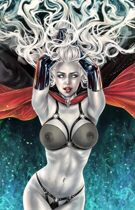 armpits breasts cape female harness lady_death large_breasts latex_gloves long_hair looking_at_viewer mike_krome see-through solo white_skin