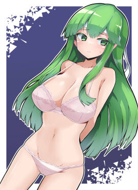 1girls arms_behind_back ass_visible_through_thighs bangs bare_arms bare_shoulders bare_thighs bra breasts cleavage collarbone female female_only fire_emblem fire_emblem:_mystery_of_the_emblem fire_emblem:_shadow_dragon_and_the_blade_of_light frown green_eyes green_hair headband large_breasts long_hair navel nintendo palla_(fire_emblem) panties partially_visible_vulva pussy shoulders solo sweatdrop teddyfredy26 thighs underwear very_long_hair white_bra white_panties