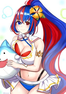 1girls absurdres alear_(female)_(seaside_dragon)_(fire_emblem) alear_(fire_emblem) alear_(fire_emblem)_(female) alternate_costume alternate_hairstyle armlet bare_shoulders bikini blue_bikini blue_eyes blue_hair blue_swimsuit breast_press breasts cleavage cowboy_shot female female_only fire_emblem fire_emblem_engage fire_emblem_heroes highres large_breasts long_hair looking_at_viewer multicolored_hair navel nintendo official_alternate_costume official_alternate_hairstyle otokajife ponytail red_bikini red_eyes red_hair red_swimsuit smile sommie_(fire_emblem) standing stomach streaked_hair swimsuit very_long_hair white_background white_bikini white_swimsuit