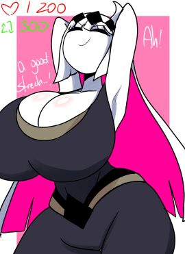 1boy 1girls arms_behind_back black_crown body_blush breasts female female_focus female_only fnf_entity friday_night_funkin friday_night_funkin_mod full_comfort huge_breasts light_smile long_hair long_white_hair looking_up male nikusa_(sugarratio) part_2 relieved stretching strip_game tagme white_hair wide_hips