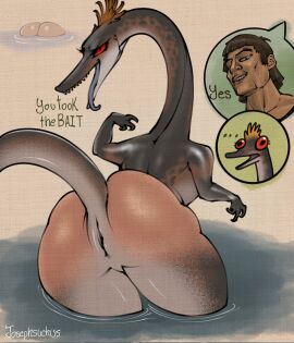 animal_genitalia animal_pussy anthro ass blue_tongue cloaca confusion derp_eyes dialogue duo earhole eyelashes female female_anthro funny genitals harlot_of_the_lake_(speculative_species) hi_res human humor josephsuchus looking_at_another looking_back looking_back_at_another male male_human mammal nude open_mouth partially_submerged pussy raised_tail rear_view red_eyes sharp_teeth smile smirking_at_another smug_expression smug_face smug_grin speculative_species speech_bubble tail teeth tongue tongue_out