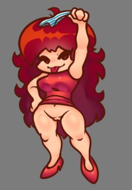 1girls auburn_hair big_ass bottomless dress dress_lift friday_night_funkin girlfriend_(friday_night_funkin) hand_on_hip high_heels holding_panties long_hair looking_at_viewer oofts panties panties_removed puffy_pussy smiling_at_viewer striped_panties tongue tongue_out