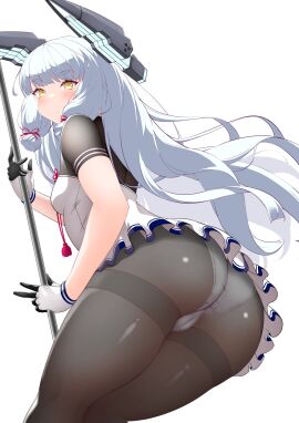 1girls ass black_pantyhose blunt_bangs border breasts dress female female_only floating_headgear gloves hair_ribbon headgear highres kantai_collection kirigakure_(kirigakure_tantei_jimusho) long_hair looking_back murakumo_(kantai_collection) murakumo_kai_ni_(kantai_collection) orange_eyes panties panties_under_pantyhose pantyhose ribbon sidelocks small_breasts solo solo_female staff thighband_pantyhose tress_ribbon underwear white_border white_dress white_gloves white_panties