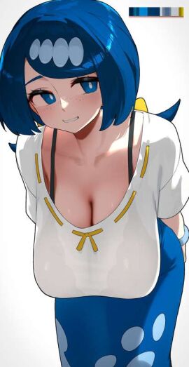 1girls bent_over blue_eyes blue_hair blue_pants blush cleavage game_freak hair_accessory hanging_breasts hizake kashu_(hizake) lana's_mother_(pokemon) nintendo pokemon pokemon_sm white_shirt white_skin