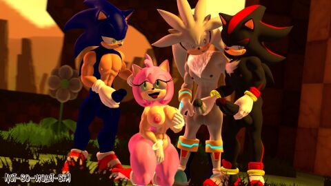 1girls 3boys amy_rose black_fur blue_eyes blue_fur evening eyelashes flower foursome gloved gloved_male gloves green_eyes green_hill_zone hedgehog hedgehog_ears hedgehog_girl hedgehog_humanoid imminent_cum imminent_cumshot looking_at_another looking_at_partner masturbating masturbation mmmf_foursome not-so-violet-sfm open_mouth orgy orgy_sex pink_fur red_eyes red_fur shadow_the_hedgehog silver_the_hedgehog sonic_(series) sonic_the_hedgehog sonic_the_hedgehog_(series) sunset tan_body tongue tongue_out white_fur