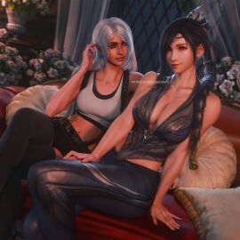 1:1 2girls 3d baldur's_gate baldur's_gate_3 big_breasts black_hair breasts circlet cleavage cosplay costume_switch crossover crossover_cosplay detailed_background dungeons_and_dragons duo duo_female duo_focus eastern_and_western_character elf elf_ears elf_female female female_focus female_only final_fantasy final_fantasy_vii flowers green_eyes hair_ornament half-elf half_elf hi_res high_resolution highres large_breasts long_hair looking_at_viewer outfit_swap red_eyes ria-neearts shadowheart shadowheart_(cosplay) smile tifa_lockhart tifa_lockhart_(cosplay) white_hair wizards_of_the_coast