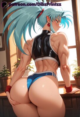 1girls ai ai_assisted ai_generated anime artist_name ass back biceps blue_buruma blue_hair blush breasts buruma dibzprintz earrings female from_behind grabbing_own_ass hi_res high_quality high_resolution highres huge_ass jewelry large_breasts long_hair looking_back muscular muscular_female pointy_ears ponytail ryoko_hakubi solo sweat tenchi_muyo! thick_thighs thighs watermark window yellow_eyes