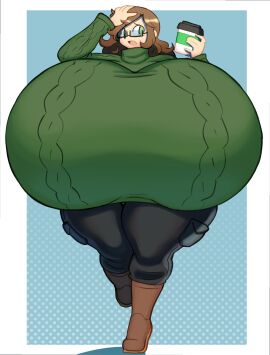 angstrom ass boots breasts brown_hair clothed clothing coffee_cup female glasses green_eyes green_sweater huge_breasts hyper_breasts pockets sweater thick_thighs walking