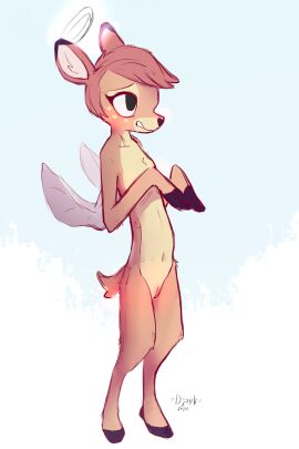 =djoyk= angel anthro blush brown_hair cherub cloud deer deerie embarrassed female flat_chested genitals hair halo helluva_boss hi_res horn mammal nude pussy redness short_hair skinny solo wings