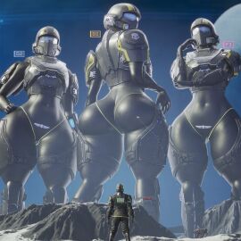 1boy 3d 3girls alien_planet armor armored_female ass big_ass big_butt big_thighs clothed clothed_female clothed_male female giantess helldiver_(helldivers) helldivers helldivers_2 huge_ass larger_female looking_back macro macro_female male multiple_females multiple_girls size_difference smaller_male taller_female thick_thighs thighs wide_hips wotm8h8