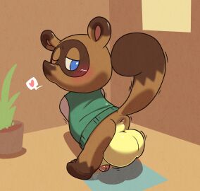 animal_crossing anus argon_vile backsack balls ballsack big_balls blue_eyes blush bottomless bottomless_male brown_body brown_fur canid canine clothed clothing fur genitals heart_symbol hi_res looking_back male mammal nintendo one_eye_closed penis perineum plant plant_pot potted_plant raccoon_dog solo speech_bubble standing sweater tanuki tom_nook topwear wink
