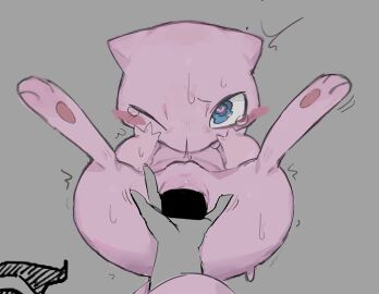 anthro blue_eyes blush bodily_fluids censor_bar censored duo female feral finger_fuck fingering fur generation_1_pokemon hand_on_face heart_pupils legendary_pokemon looking_at_viewer mew_(pokemon) nintendo one_eye_closed pink_body pink_fur pokemon pokemon_(species) pussy ramssa simple_background sweat tail tears vaginal_penetration