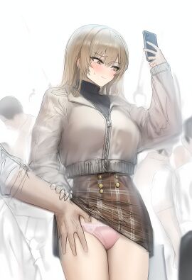 absurd_res absurdres altered_common_sense brown_eyes brown_hair cellphone change_in_common_sense common_sense_change embarrassed empty_eyes femsub highres hypnosis hypnotized_female hypnotized_personality_change kikyō lifted_skirt long_hair maledom mind_alteration mind_control molestation molester molesting original original_character pink_panties plaid_skirt selfie skirt_lift skirt_lifted_by_another sweater unaware unaware_hypnosis unbothered