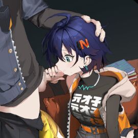 1boy 2d belle_(zenless_zone_zero) blowjob blue_hair brother_and_sister censored ear_piercing fellatio female guangmi_(pixiv_2632623) hair_ornament hand_on_another's_head head_grab highres hoyoverse incest jacket jewelry male mihoyo necklace open_clothes open_jacket oral piercing short_hair sibling_(lore) siblings sister twincest wise_(zenless_zone_zero) zenless_zone_zero